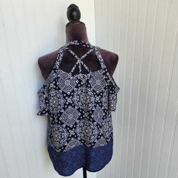 Iz Byer Blouse Top Womens Multi Floral Cold Shoulder Sleeve Halter Neck Blue S - Picture 5 of 11